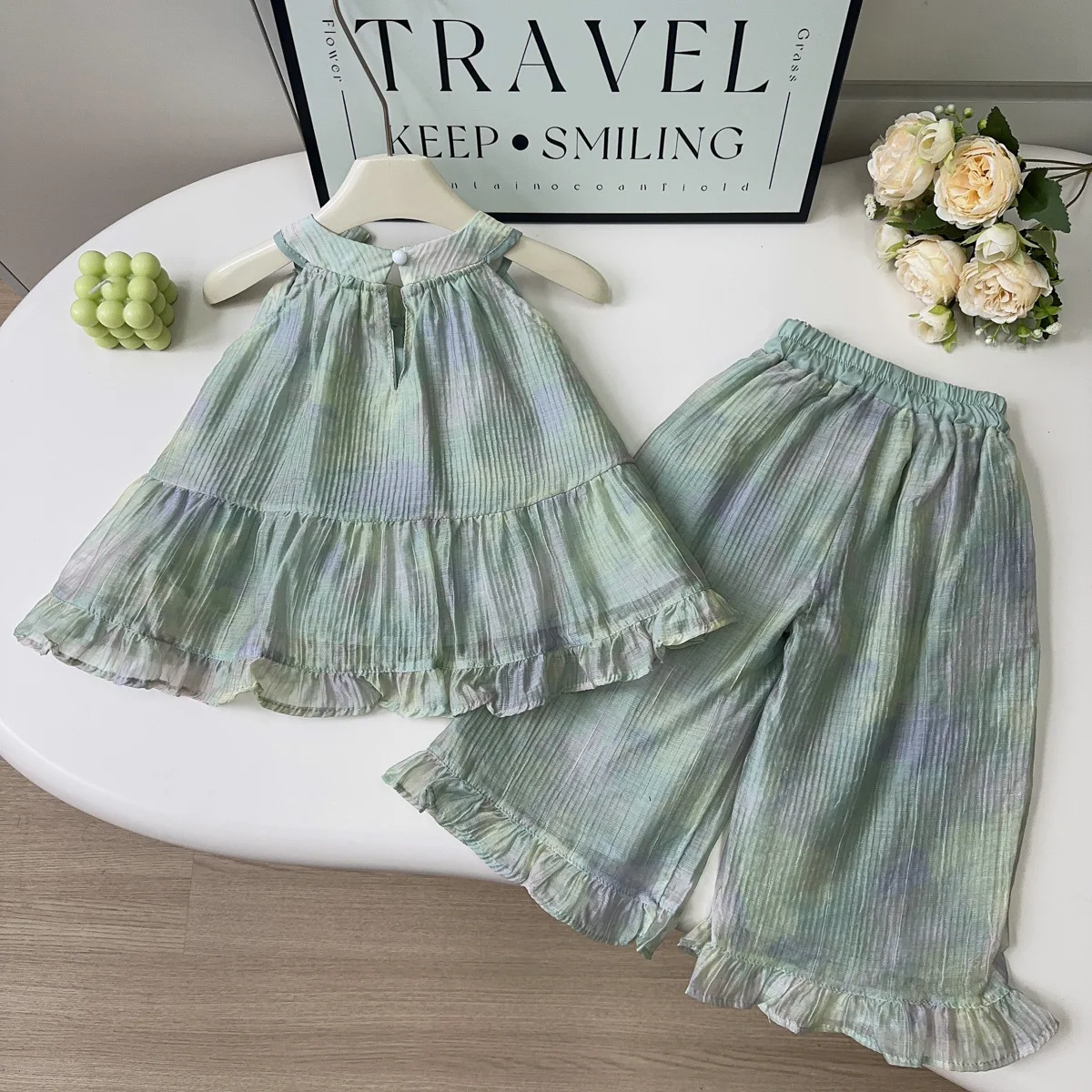 

Girls' Clothing Set Summer New Style Western Fashion Hanging Strap Shirt Lotus Leaf Lace Pants Two Piece Set