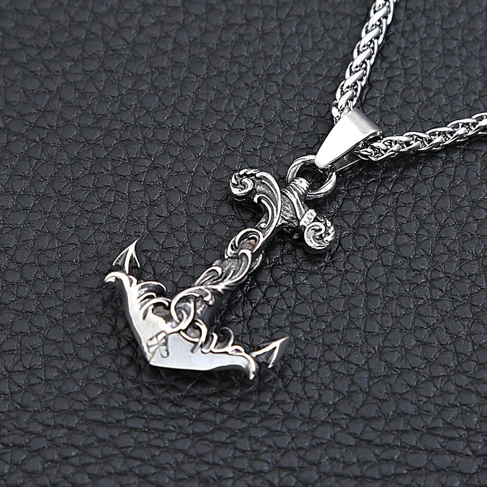 Punk Vintage Stainless Steel Anchor Pendant Necklace For Men Rudder Compass Pattern Pendant Biker Fashion Jewelry Gift Wholesale view 4