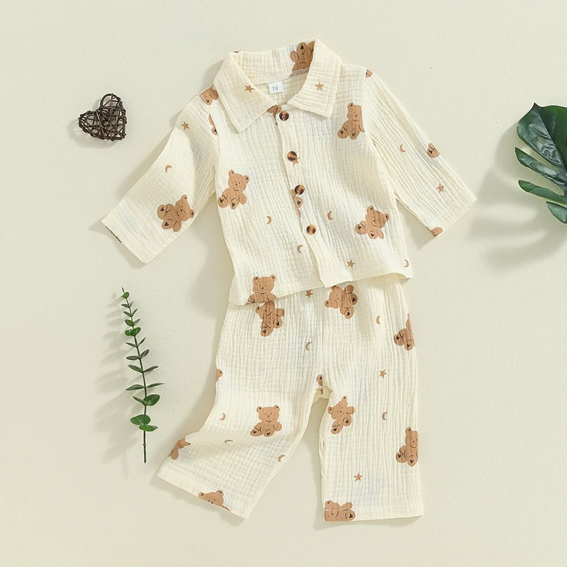 Kids Toddler Girl Boy Two Piece Pajamas Set Button Down Pajama Shirt Top Pants Shorts Cute Bear Print Sleepwear Pjs Set 1-6Y