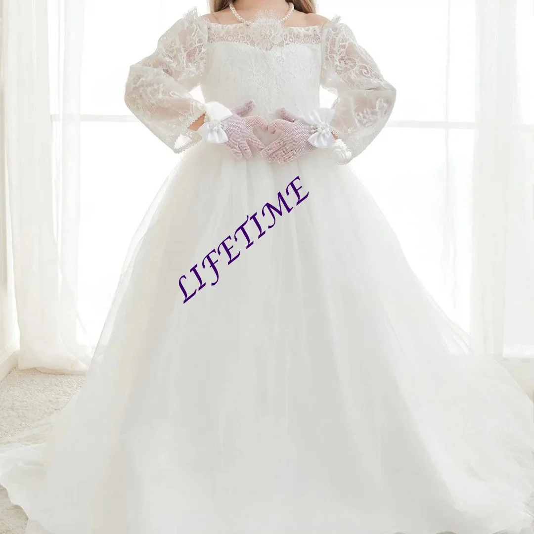 Элегантное белое платье с длинными рукавами и вышивкой по индивидуальному заказу, платье с цветочным узором для девочек на первое причастие, день рождения, свадебные церемонии
