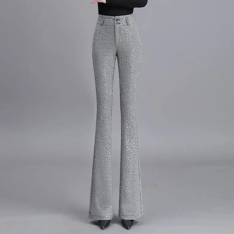 Pantalones de primavera y otoño para Mujer, Pantalón recto de cintura alta, con campana, J03, 2024