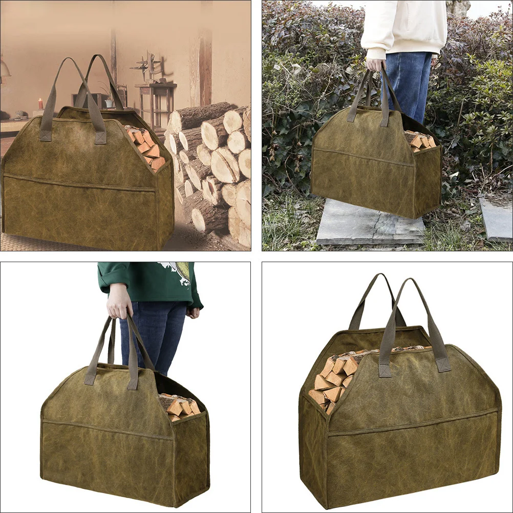 

1pc Canvas Firewood Bag Large Capacity Heavy Duty Woodpile Storage Tote For Camping Fireplace Log Carrier Home Supply