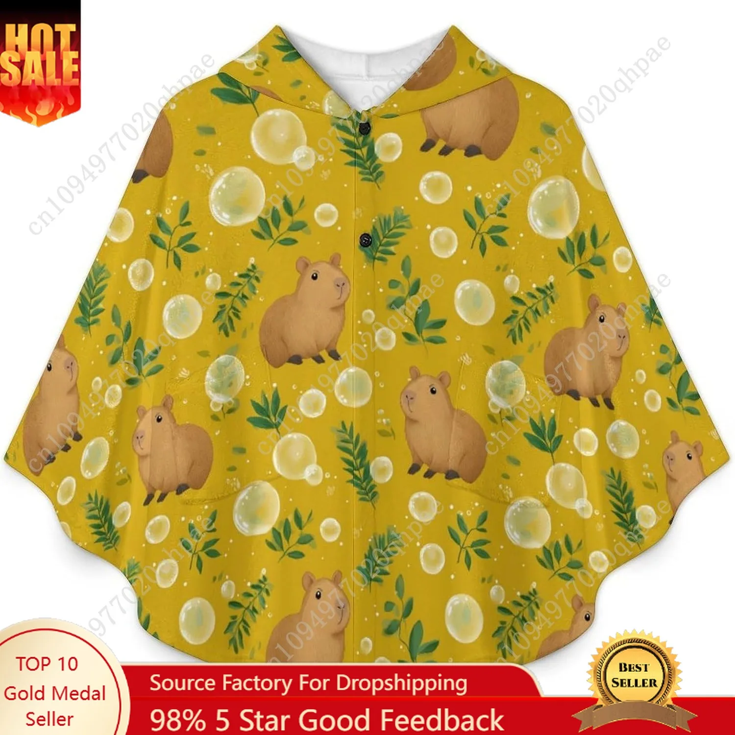 سترة بطانية مريحة من الفلانيل، سترة بغطاء للرأس كبيرة الحجم من كابيبارا اللطيفة مع جيوب للأطفال والمراهقين #1