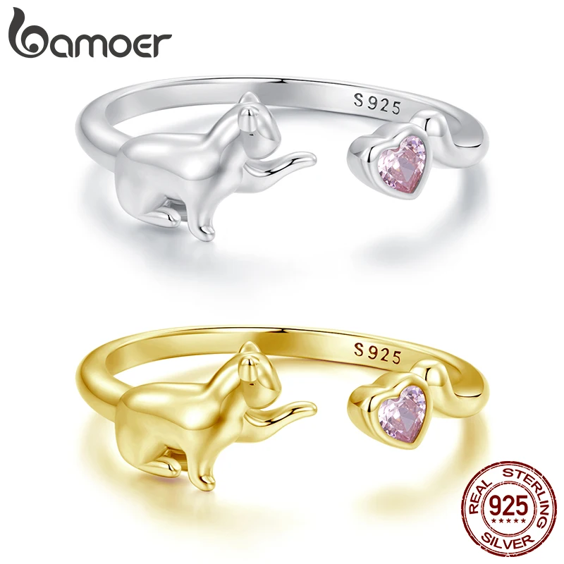 BAMOER 925 Sterling Silver Cute Cat Open Ring for Women, Lovely Animals Pink CZ Heart Ring for Pet Lover Family Jewelry Gift
