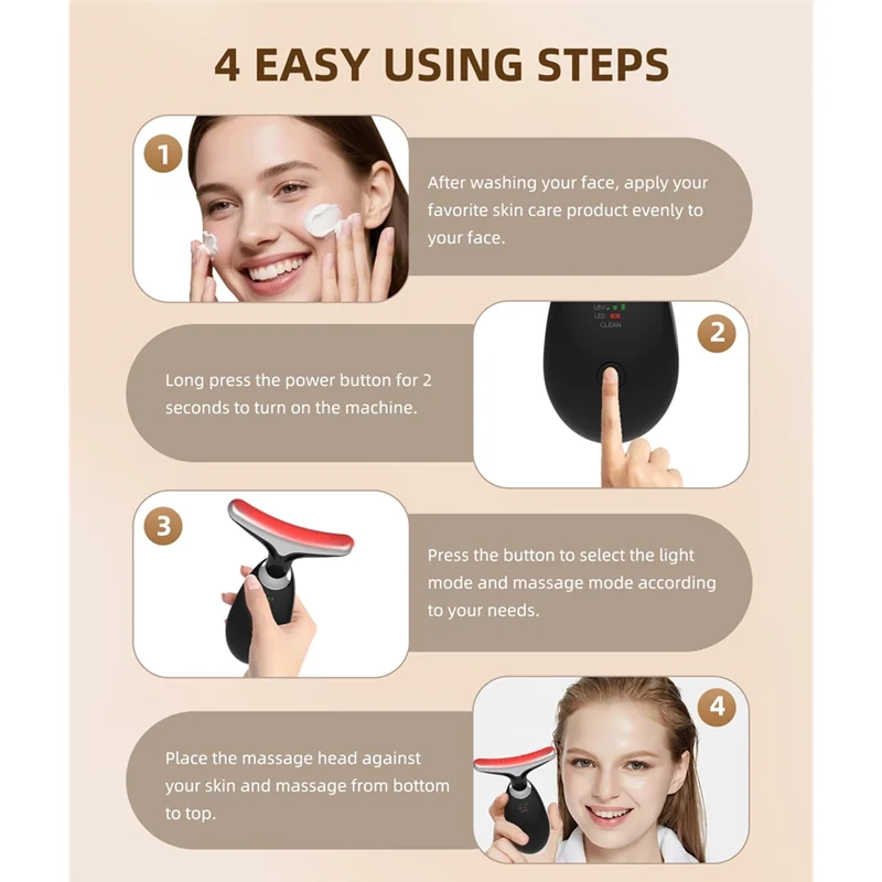 การยกกระชับใบหน้าด้วยแสงสีแดง, แสง 7 สีสำหรับนวดหน้าและลำคอ, อุปกรณ์ฟื้นฟูผิวแบบพกพา สีดำ