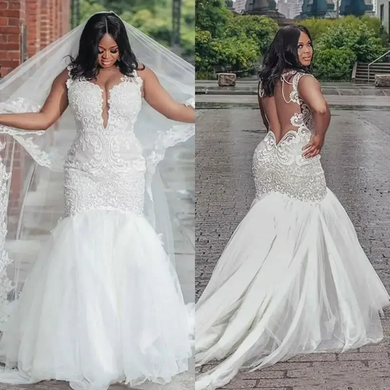 Customized Fabulous Lace African Mermaid Wedding Dresses Plus Size Backless Sweep Train Tulle Applique Sexy Bride Gowns