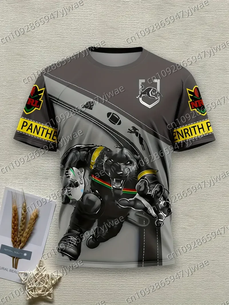 

Men's Breathable T-Shirt Panther Print Round Neck Short Sleeve for Rugby Summer Fashion Women's Casual Children T-shirt Tops
