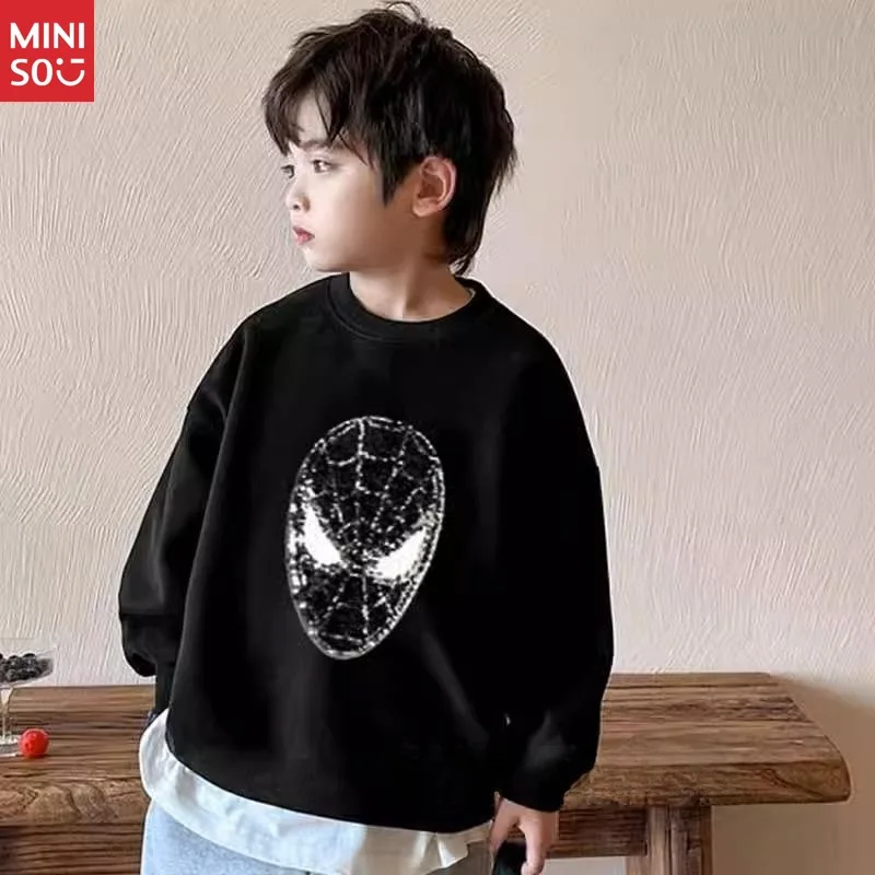 تي شيرت Miniso Boys Glitter Color Change Spider-Man Kids Winter، بأكمام طويلة من الصوف