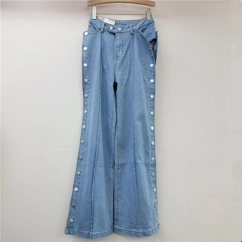 DEAT Women's Jeans High Waist Straight Deconstructed Design Buttons Wide Leg Causal Denim Pants 2024 New Fashion Autumn 29L9021