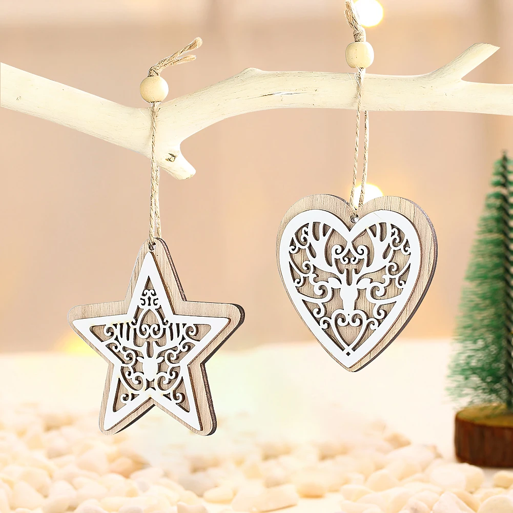 Houten Kerst Hanger Love Vijf-Puntige Ster 3d Carving Artware Voor Huisdecoratie Cadeau Vakantie Feest Boom Opknoping Ornament