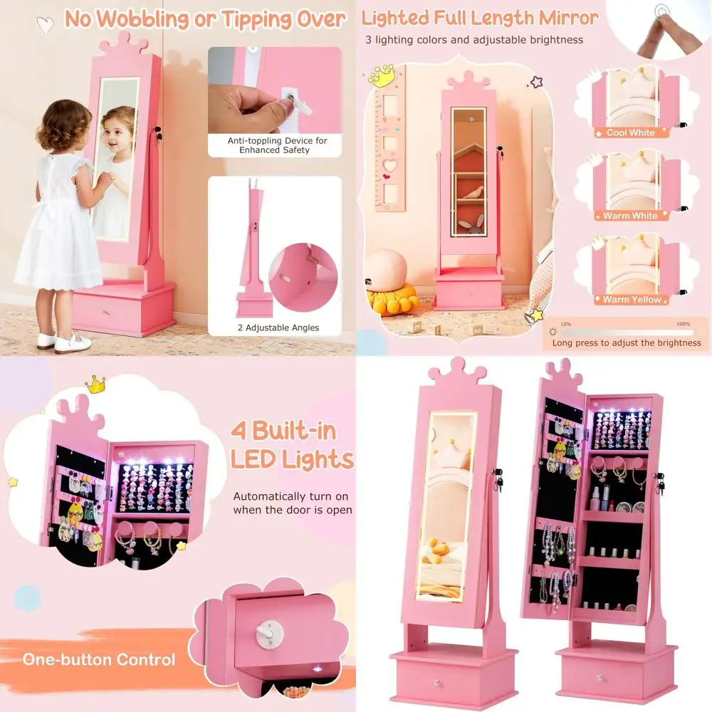 

Pink LED-lit Lockable Jewelry Armoire with Mirror for Little Girls' Dress-Up Storage