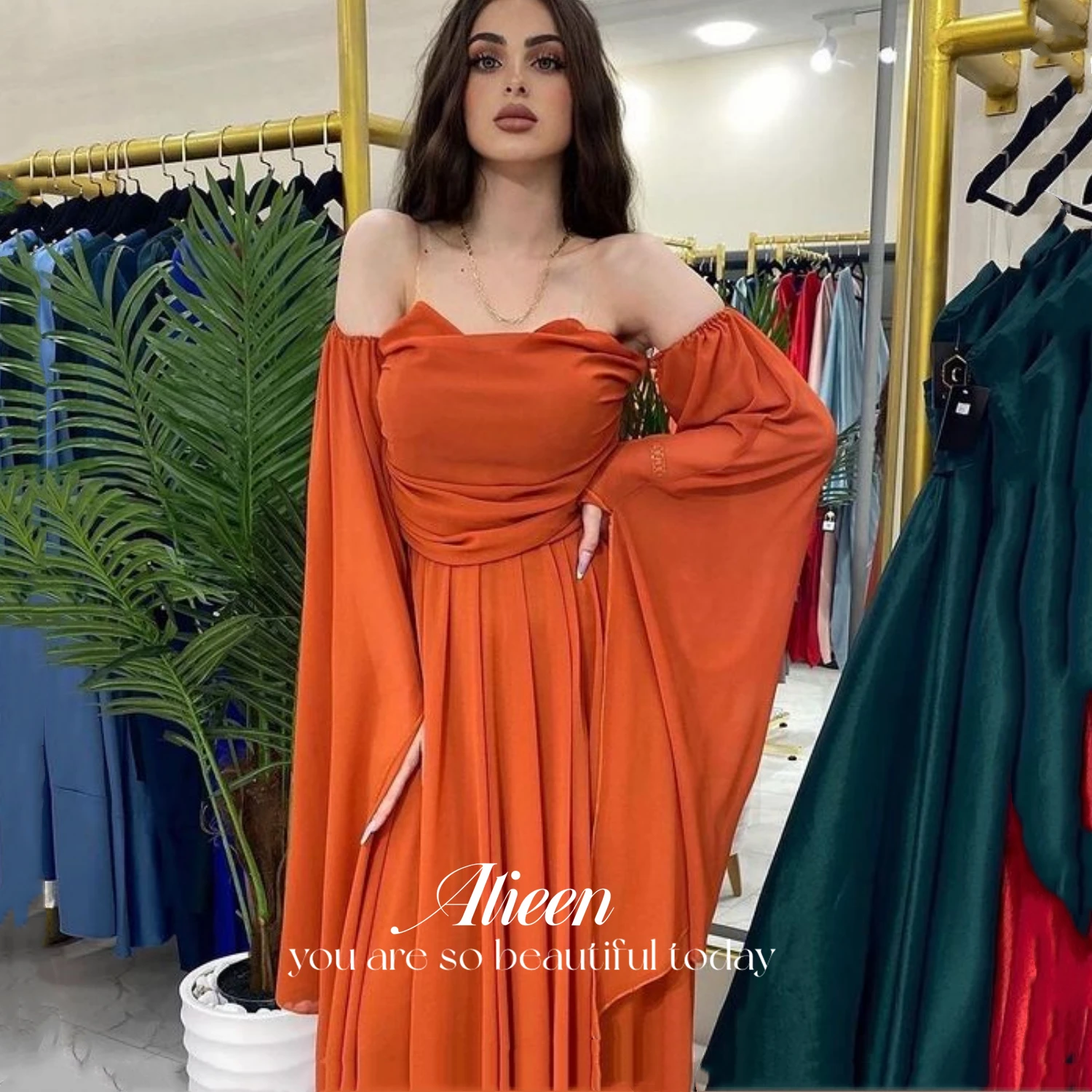 

Aileen Party Dress for Wedding Guest Dresses for Women Line A Chiffon Orange Color Eid Al-fitr Off the Shoulders Bridesmaid Prom