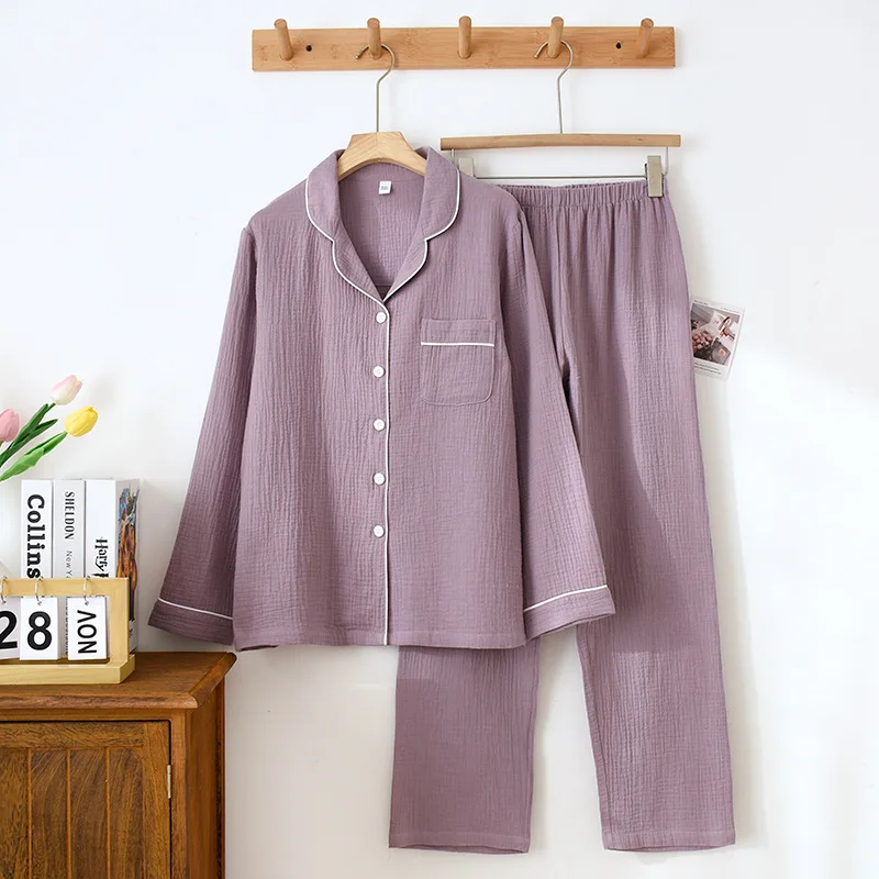 New Spring and Autumn Couple Pajamas Set 100%Cotton Crepe Long Sleeve Pants Two Piece Men\'s and Women\'s Large Size Home Garments