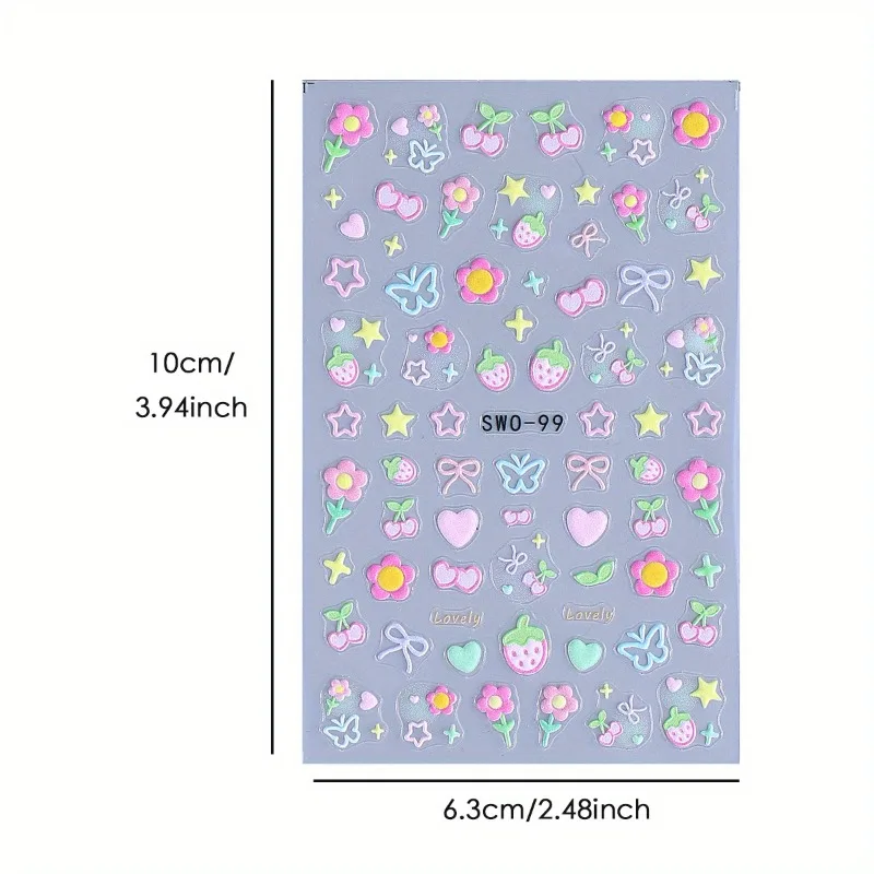 Sweet Element 3D Matte Nail Art Stickers - Kawaii Cherry Strawberry Star Heart Bow Butterfly Floral Designs
