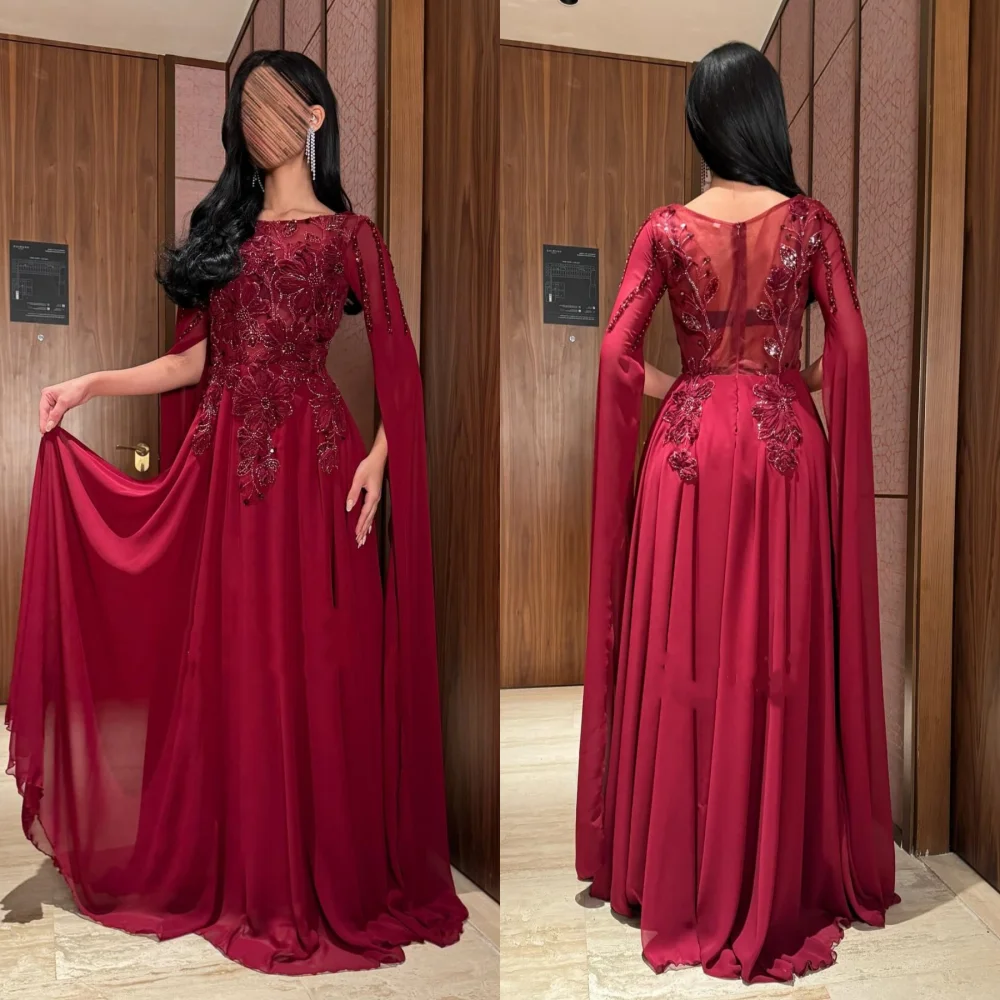 Gaun Panjang Leher-o A-line Berpayet Bunga Wiru Sifon Rumit Kustom Acara Khusus Formal Kualitas Tinggi