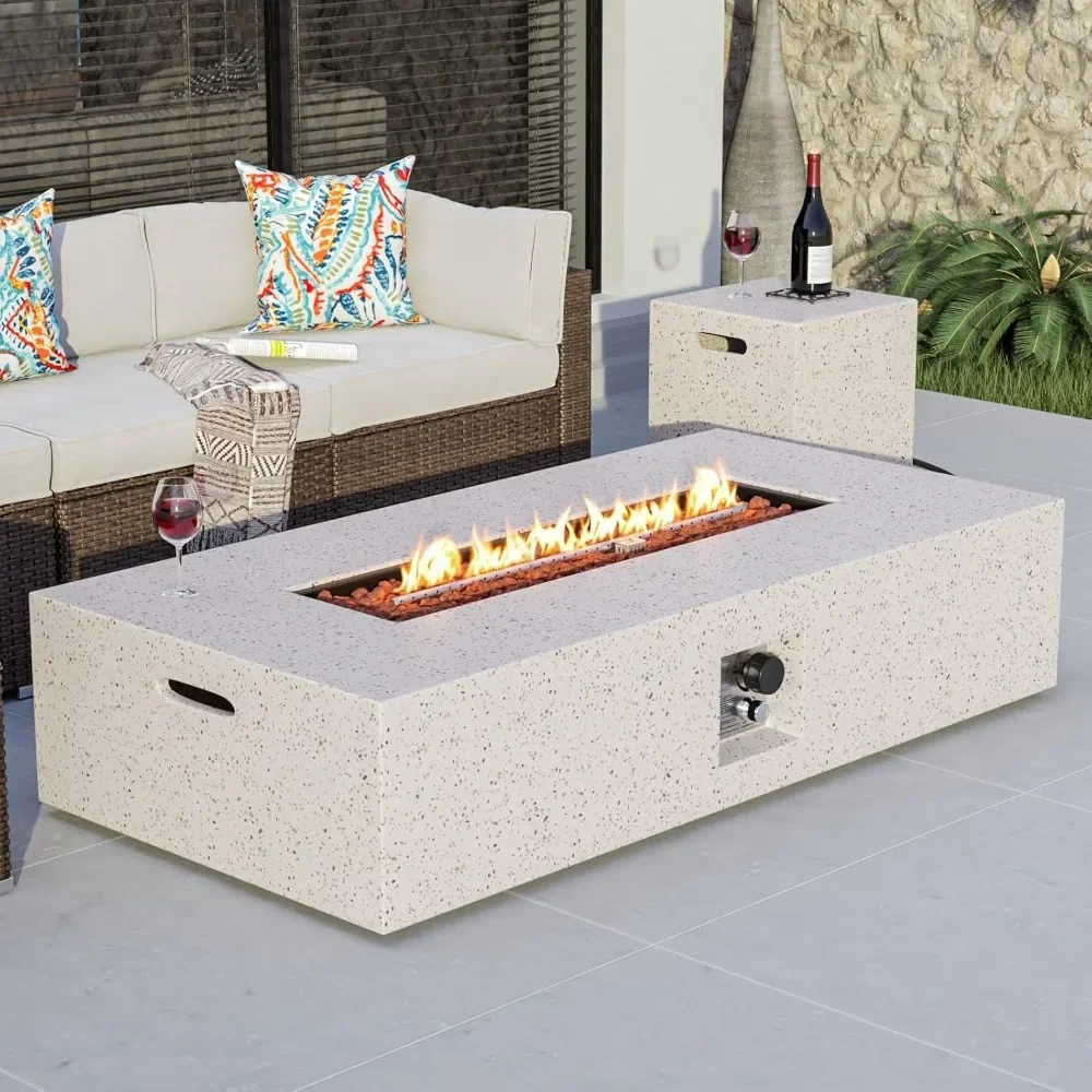 

2-Piece Outdoor Propane Fire Table Set, Concrete 56" X 28" Fire Pit,50,000 BTU, W 20lb Tank Table,Waterproof Cover, Fire Pit