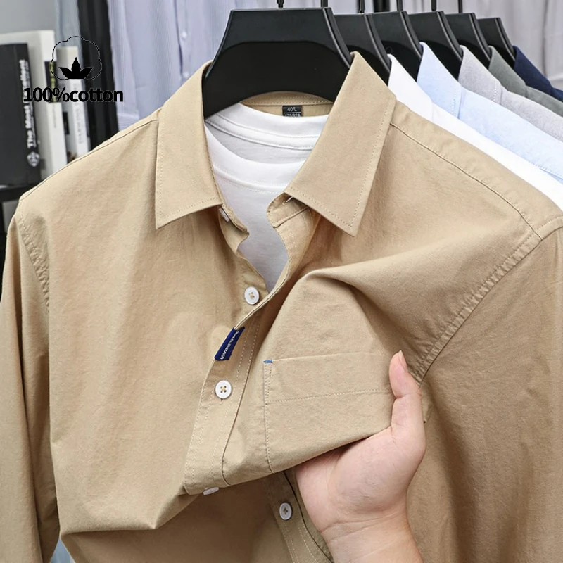 

100% хлопок, однотонная деловая повседневная мужская дышащая рубашка с длинными рукавами, стираный оксфордский хлопок M-4XL