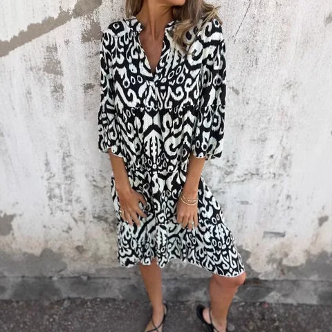 فضفاض عادية بوهو فستان مُزين بطباعة موضة الخامس الرقبة نصف كم مطوي ألف خط فساتين الربيع عطلة نمط الملابس النسائية