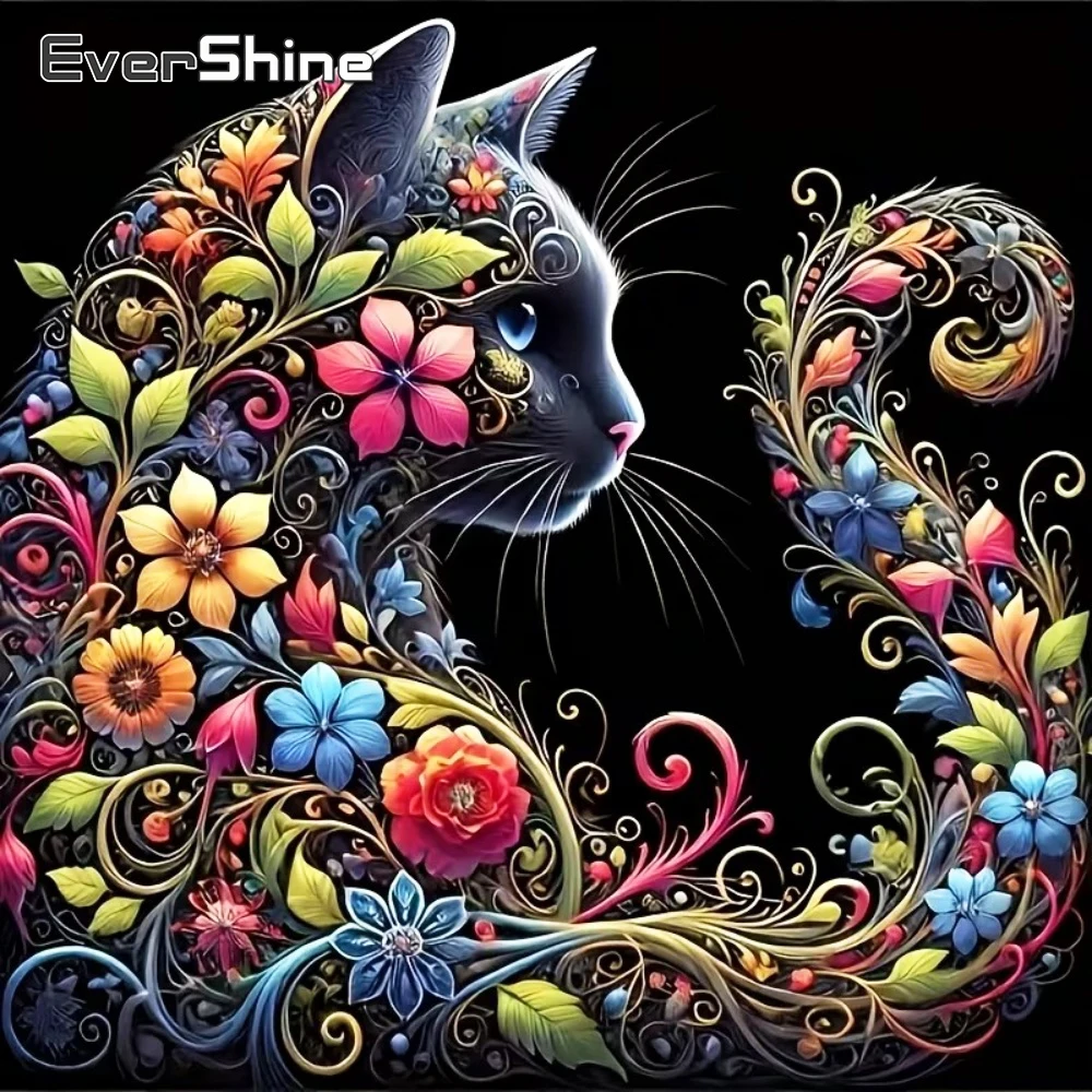 EverShine 5D DIY Diamant-Stickerei Katze Tier Kreuzstich Bild aus Strass Diamantmalerei Blumen-Mosaik Wanddekoration