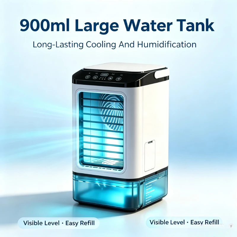 Rechargeable Evaporative Mini Air Cooler 900ml Water Tank 3‑Speed Desk Fan 7‑Color Night Light Humidifier For Bedroom Travel Use