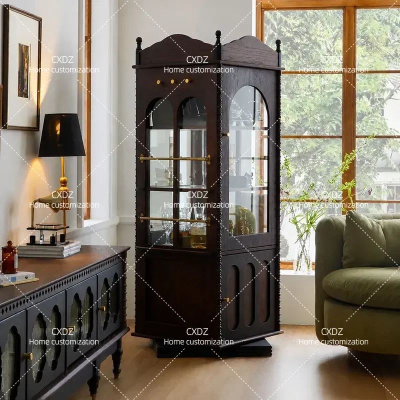 Solid Wood Bookcase Retro Rotating Storage Cabinet with Glass Door Corner Magazine Rack Living Room Vertical Display Shelf