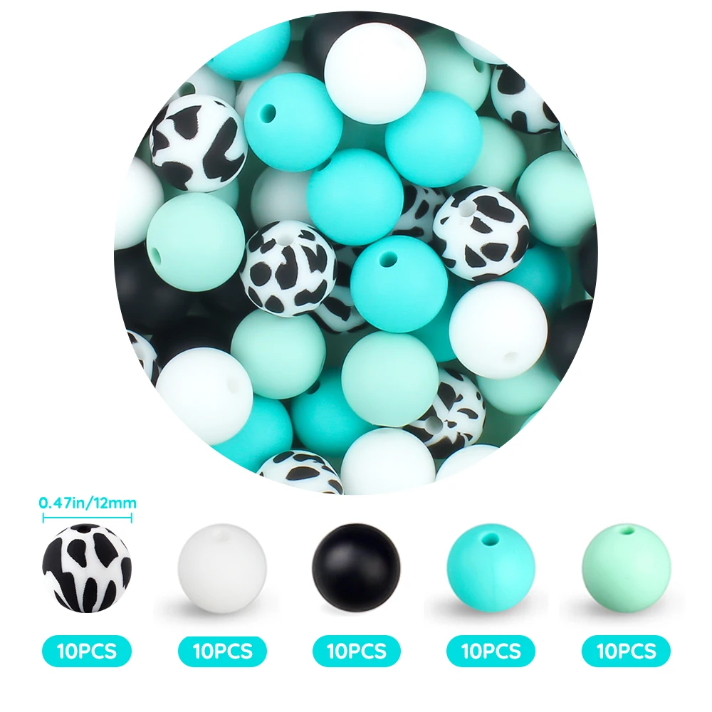 50Pcs 12MM Round Silicone Beads Leopard Print Round Ball Pearl DIY Chewable Baby Safe Teether Toys Baby Teething Beads Accessory