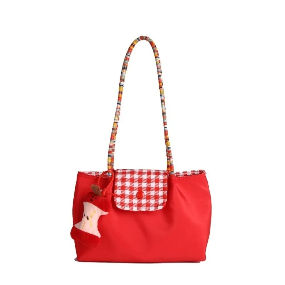 

Versatile Nylon Plaid Shoulder Bag Square Hasp Canvas Handbag Large Capacity with Pendant Tote Bag Student