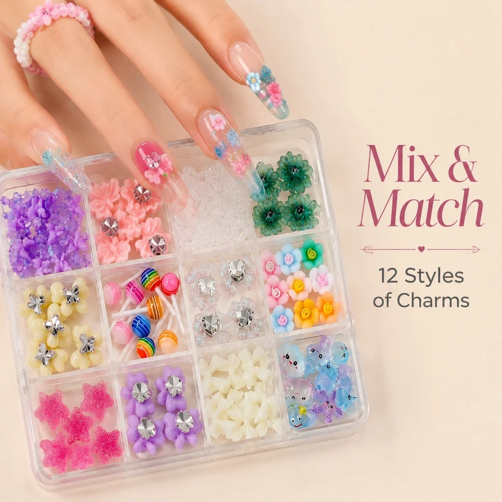 12Grids Gift Box Mermaid Nail Charms Set Starfish Octopus Resin Rhinestone Bow Elegant DIY Gel Acrylic Nail Art Supplies