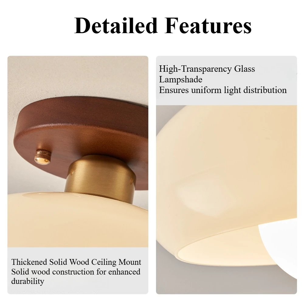 مصباح سقف قابل للتعتيم بثلاثة ألوان مع غطاء زجاجي كريمي، مصباح سقف LED عتيق مع قاعدة خشبية لغرفة النوم والممر وغرفة المعيشة