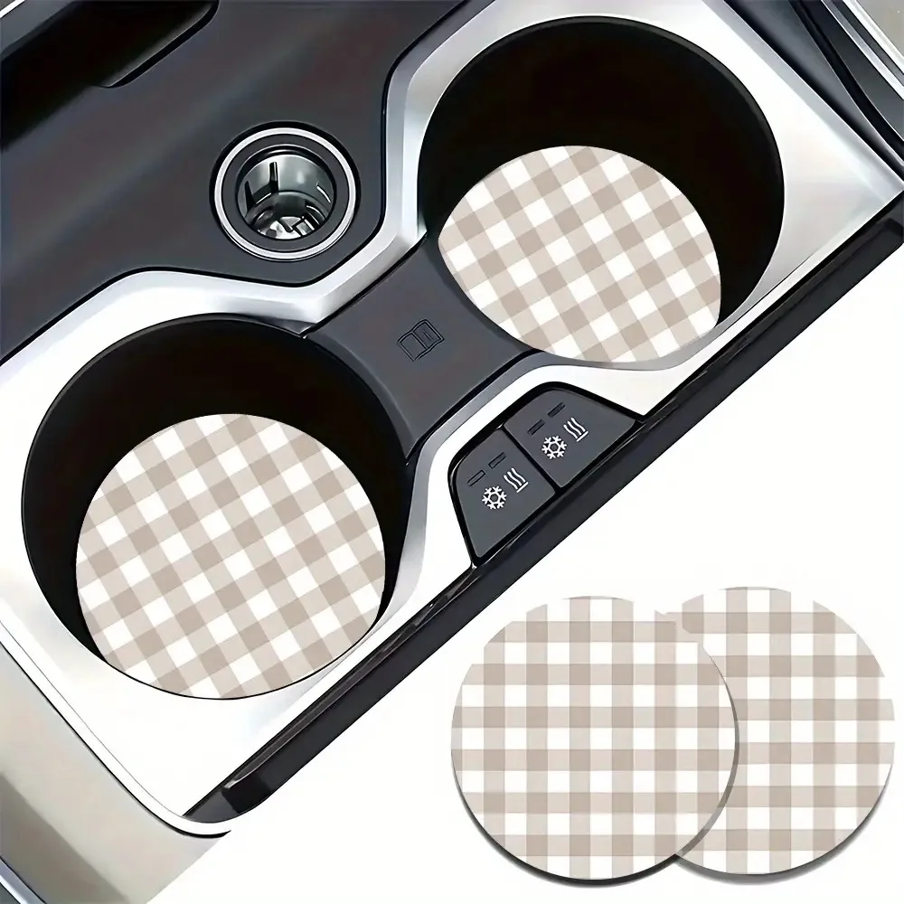 2 Light Brown Plaid Car Coasters- Non-Slip Rubber Drink Mats, Heat-Resistant, Durable And Stylish Design, Suitable For Car Inter