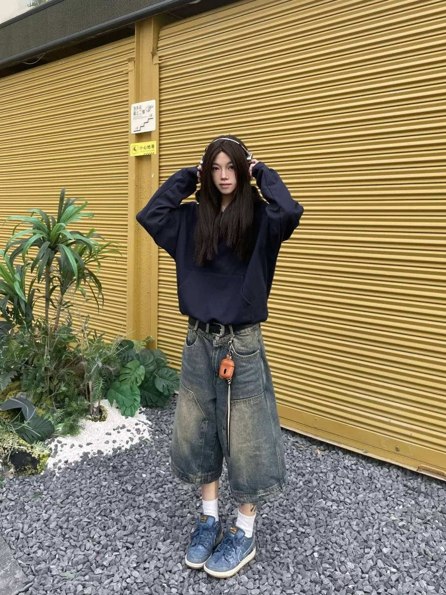 

American Retro Waed High Street Jeans orts Men Women Straight Leg Wide Loose Casual Versatile Seven-Foot Pants