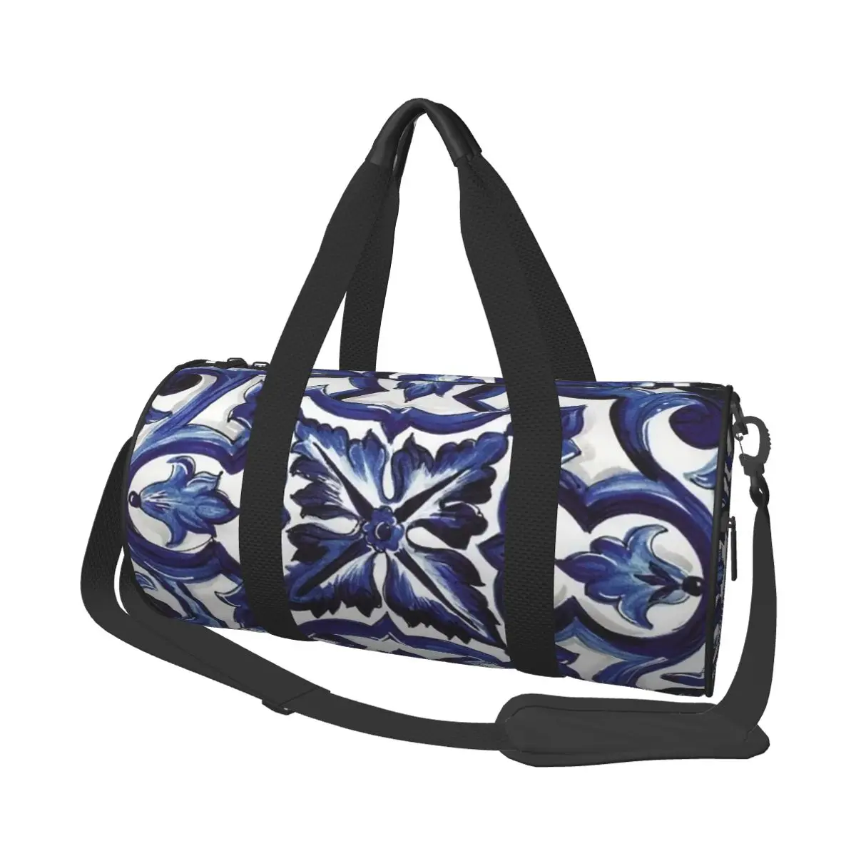 

Blue Ornate Floral Mediterranean Sicilian Tile Large Duffle Gym Bag Multi-Functional Duffle Travel Bags Handbags Fitness bag