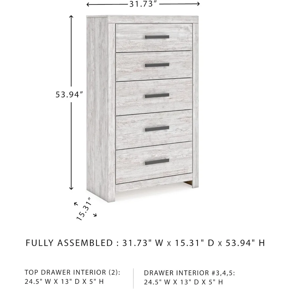 خزانة واسعة ذات 5 أدراج على الطراز العتيق مع آلية أمان لغرفة النوم، باللون الأبيض