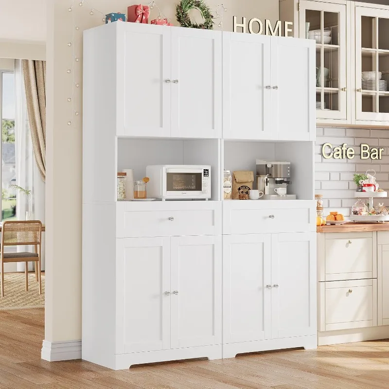 2 Pcs Tall Kitchen Pantry Storage Cabinet with Doors and Shelves, Modern Kitchen Hutch Cabinet with Storage Drawer & Bar Cabinet