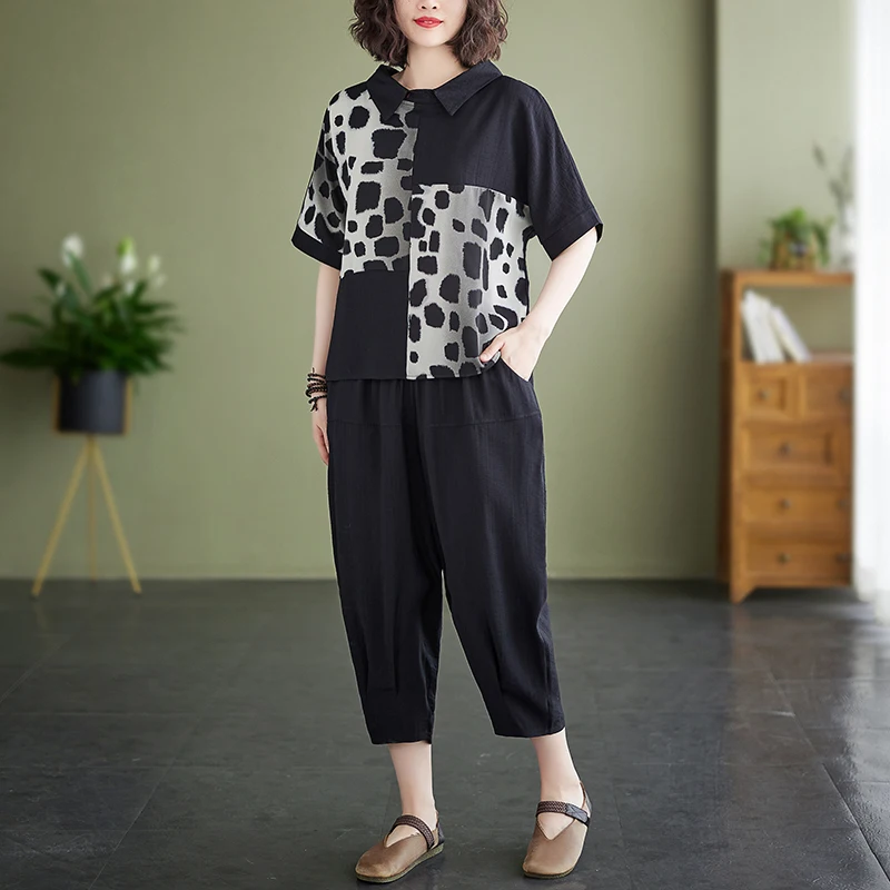 Lässige Baumwoll-Leinen-Hose mit weitem Bein, Sommer-Outfit für Damen, zweiteiliges Set, lockere Passform, künstlerisches SLE-Plus-Size-Top und Bot