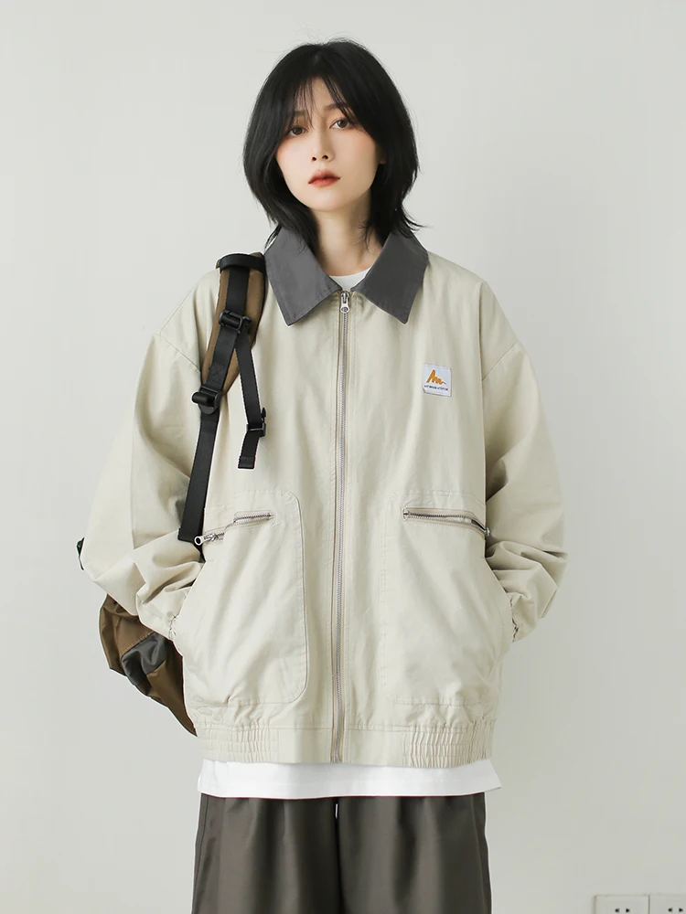 

Retro Waed Contrast Color Collar Jaet Loose Casual Street Sle Spring Autumn Couple's ort Coat Casual Loose Workwear