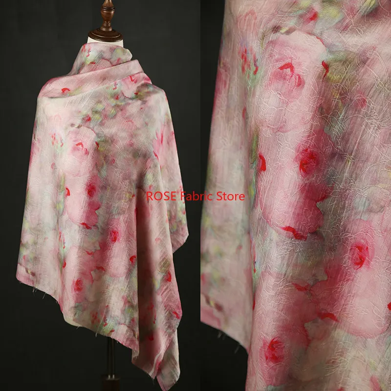 Peach Blossom Jacquard Digital Print Sheer Fabric Chinese Style for Qipao Dress Designer Material By The Yard
