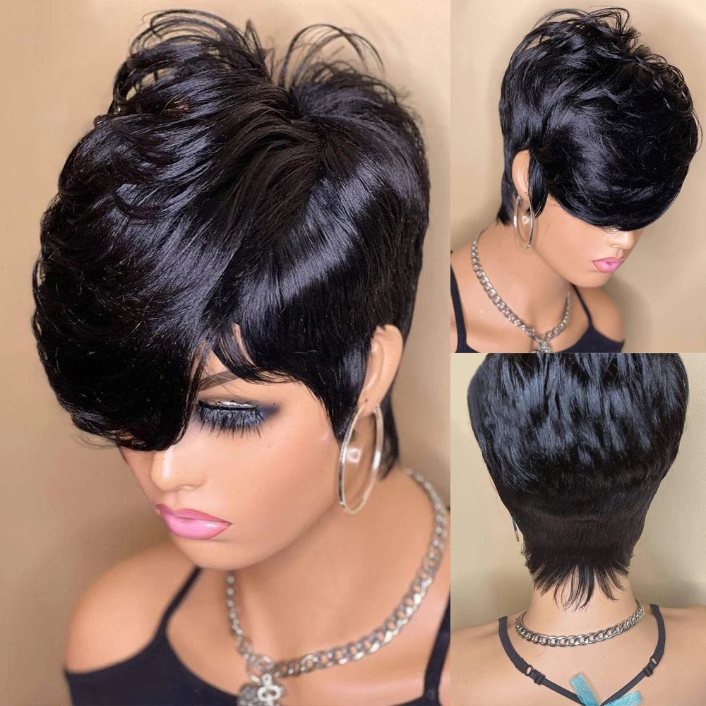 Short Pixie Cut Wig Remy Human Hair For Black Women Cute Wig Straight Natural black Color Full Machine Made Bob Wig With Bangs