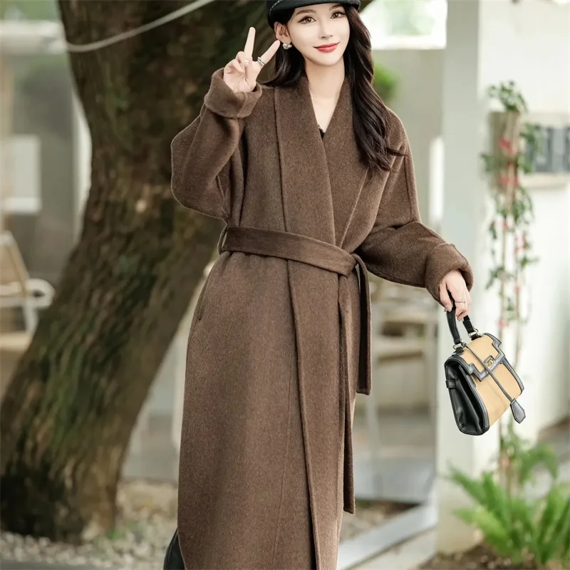 Women Double-Sided 100% Wool Coat Jacket Women Long Beautiful Woolen Winter Autumn Warm Fashion Water Ripple Cloak