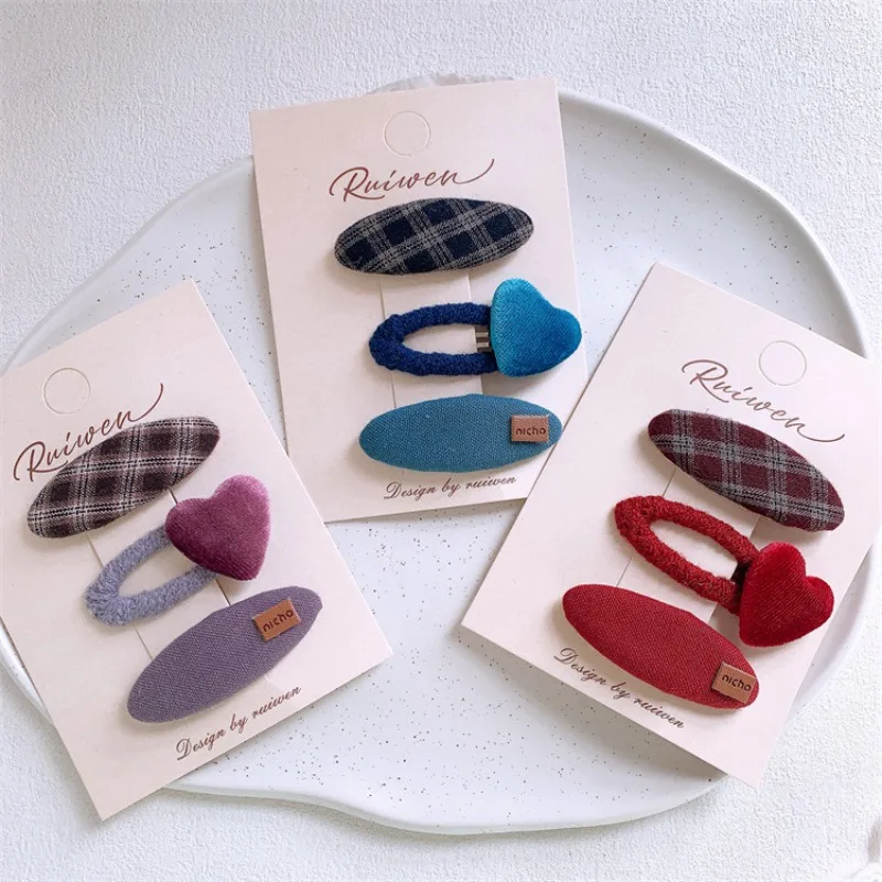 

Sweet Kids Hair Barrettes Set Velvet Love Heart Clips and Checkered Oval Side Clips for Little Girl Non Slip Grip for Fine Hair
