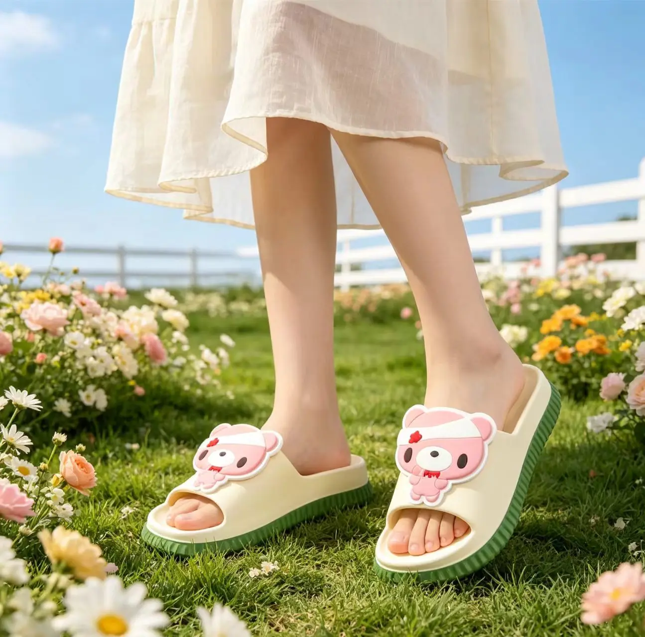 Cute Bear Platform Slide Sandals, Thick Sole Non-Slip EVA Slippers with Cartoon Bear Decor for Women