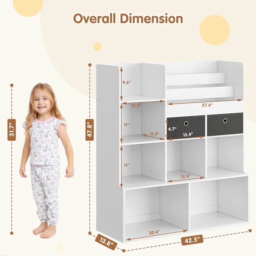 Toy Storage Organizer 47.8in Kids Bookshelf with Drawers Modern Bookcase with Cubbies Floor Storage Cabinet Wooden Toy Chest