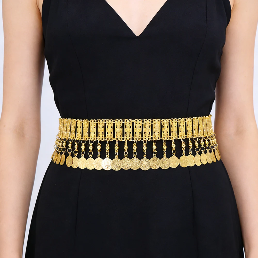 

Trendy Alloy Hollow Geometry Coins Tassel Waist Chain For Women Dress Body Belly Belt Indian Dance Party Jewelry Accessory