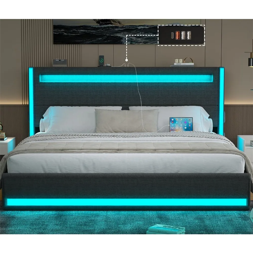 

King Size Bed Frame and Adjustable Headboard, Light up King Size Platform Bed Frame with Type-C & USB Charging Station, LED Upho