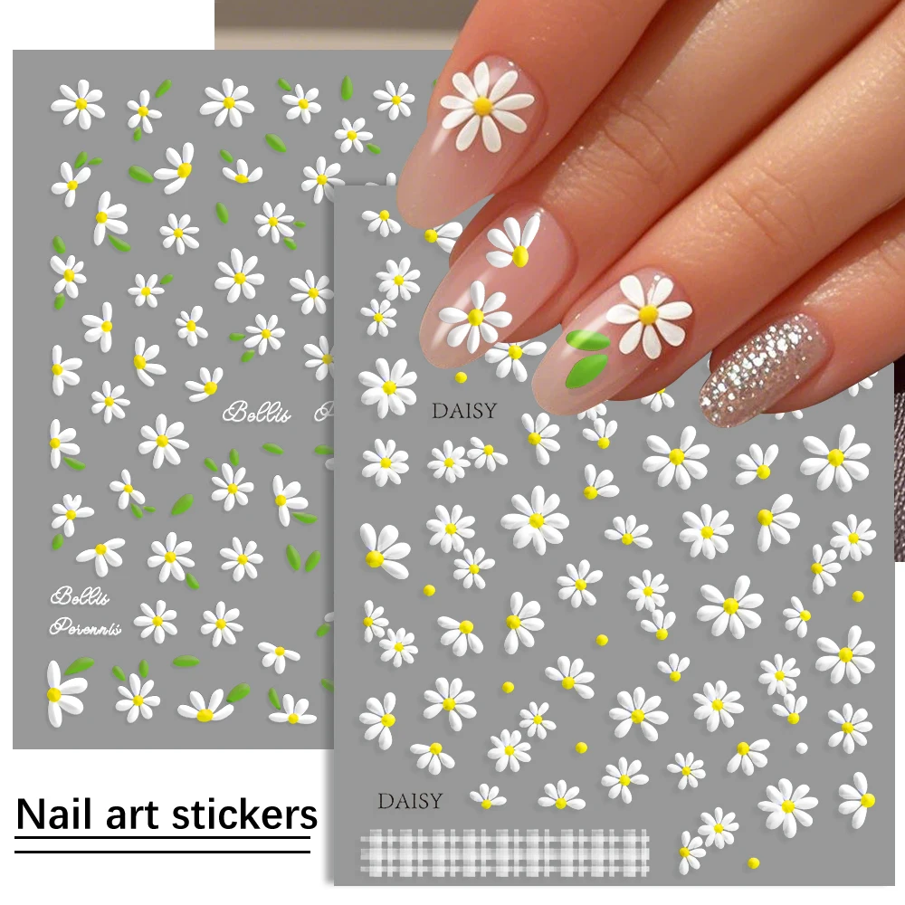 1Pc 5D Embossed White Daisy Nail Art Stickers Spring Summer 