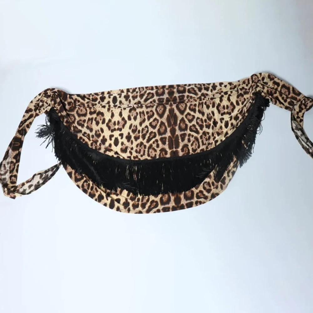 Women Leopard Print Fringe Latin Dance Wrap Skirt Self Tie Irregular Hem Salsa Tango Rumba  Stage Performance Dancewear