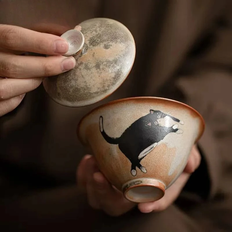 130ml Handmade Wood-fired Porcelain Gaiwan Retro Kiln Change Zhiye Cat Pottery Tea Tureen Maker Cover Bowl For Ornaments Craft view 3