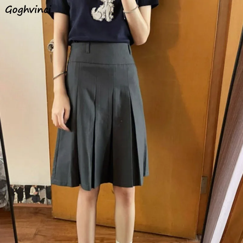 

Gray Pleated Skirts Women Empire A-line Knee Length Vintage All-match Spring Summer Preppy Students Chic Streetwear Daily Female