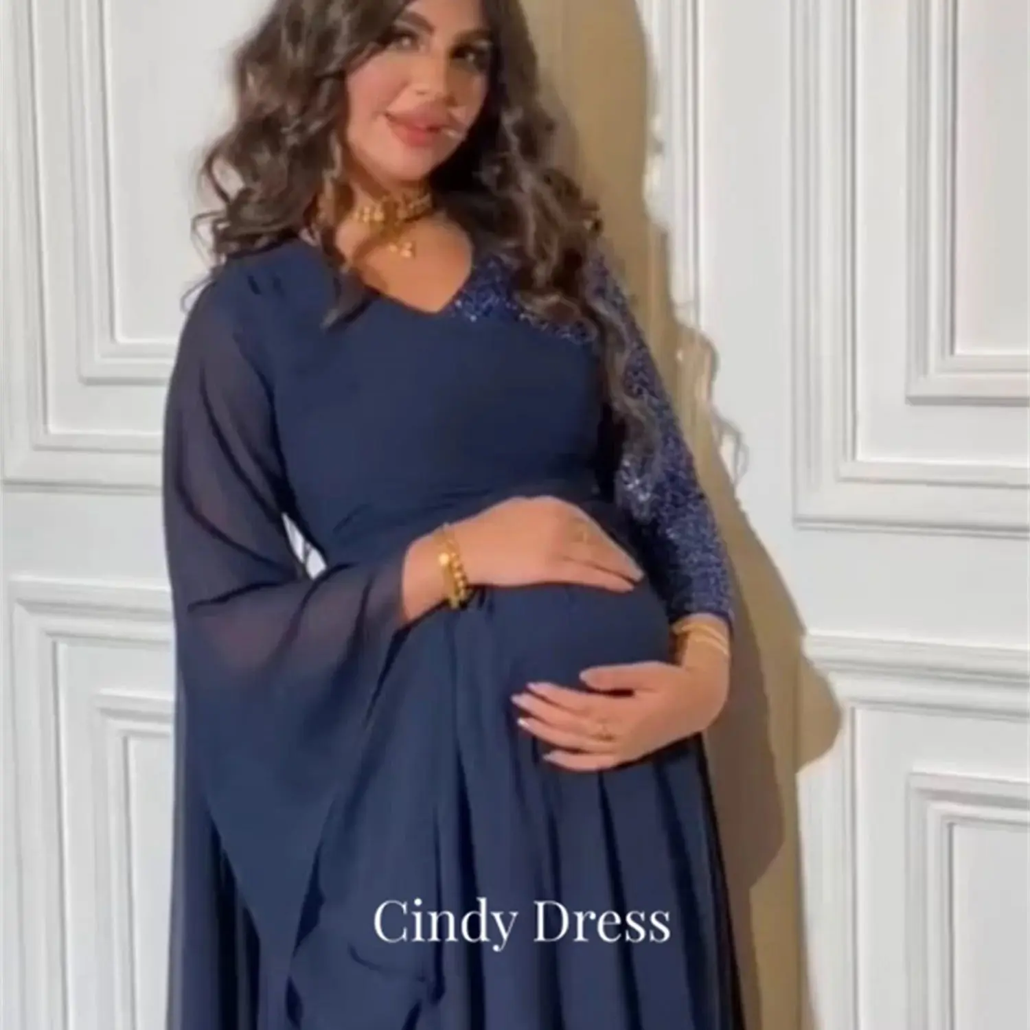 

Cindy Navy Blue Formal Dress White Sequins Evening Gown Chiffon Women Pregnant Woman Banquet Sharon Happy 2024 Dresses Luxury