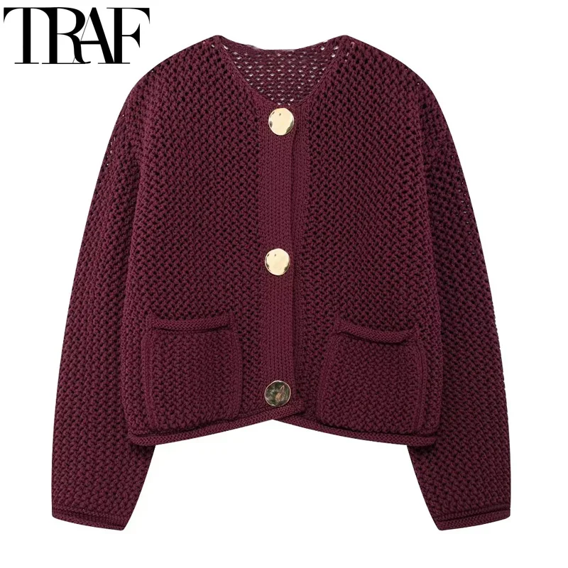 TRAF Women's Cardigan Short Sweaters Knitted Cardigan Women Autumn Long Sleeve Crop Knit Cardigans Winter Button Outerwears